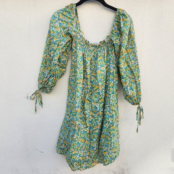 5/$100 SALE  Faithfull the Brand Linen Floral Off Shoulder Smocked Mini Dress - Picture 3 of 8